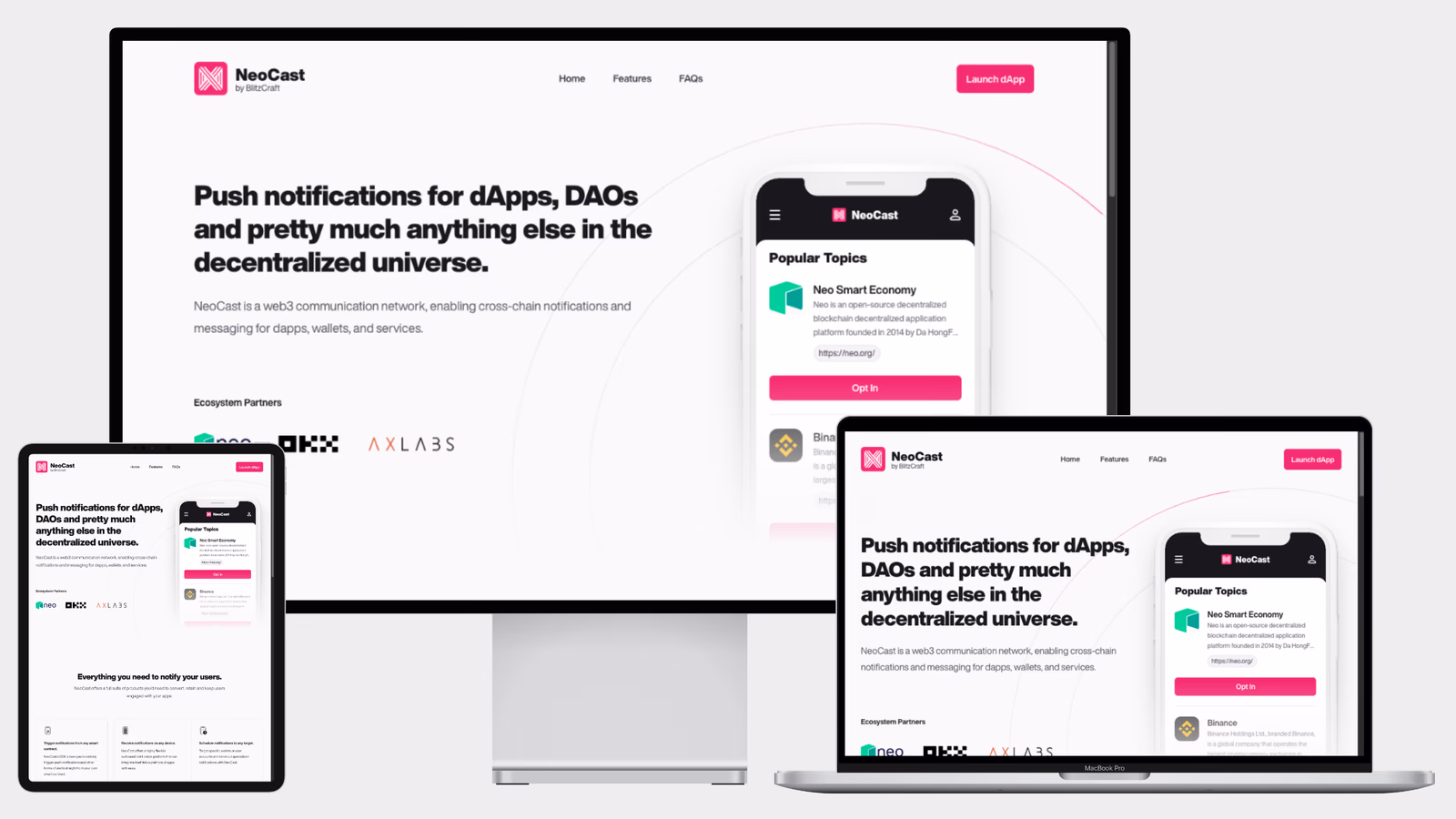 NeoCast web3 notification platform interface showing smart contract automation workflows